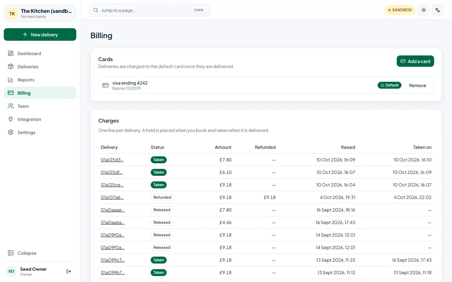 The billing page: one Visa card set as default, and a list of charges marked Taken, Released or Refunded.