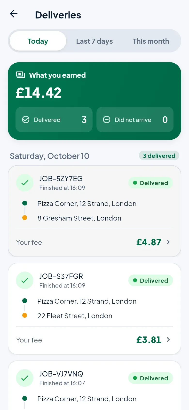 Deliveries today: £14.42 earned, 3 delivered, and each delivery with its fee.
