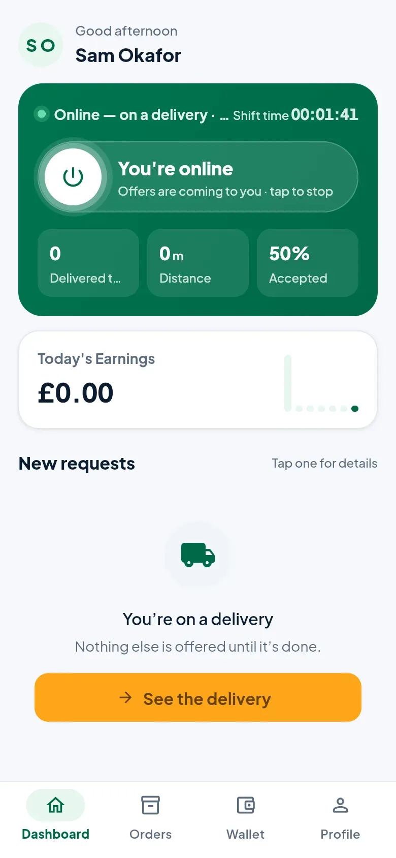 The dashboard while on a delivery: see the delivery.