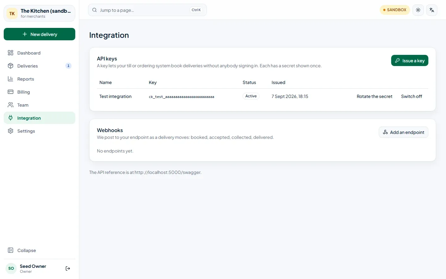 The integration page: one active API key, and no webhook endpoints yet.