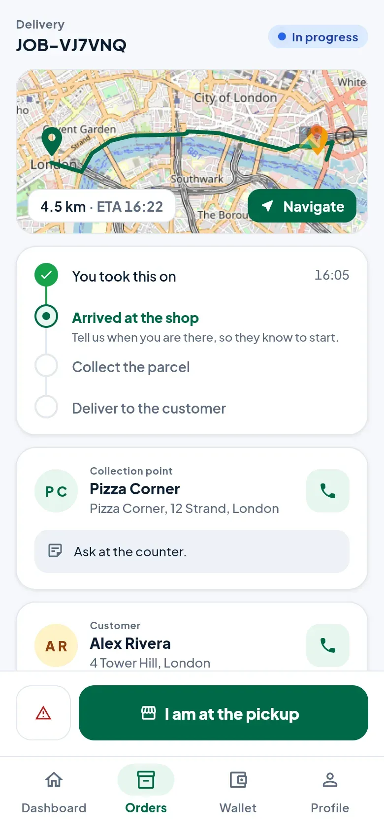 The delivery screen: the route, the steps, the shop’s contact and the button I am at the pickup.