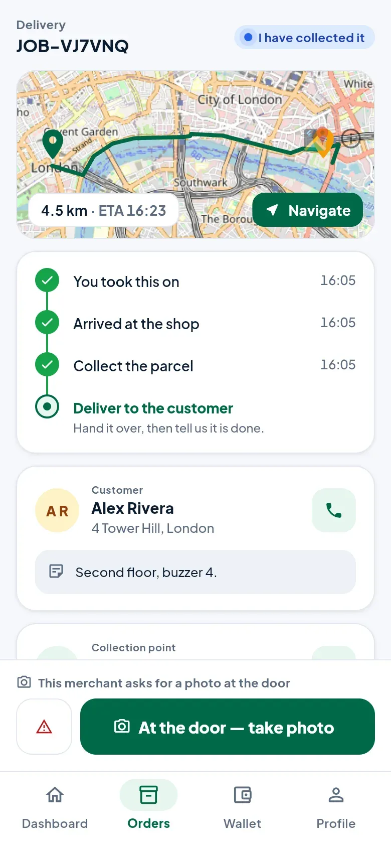 On the way to the customer: the route, the customer’s contact and note, and the button At the door — take photo.