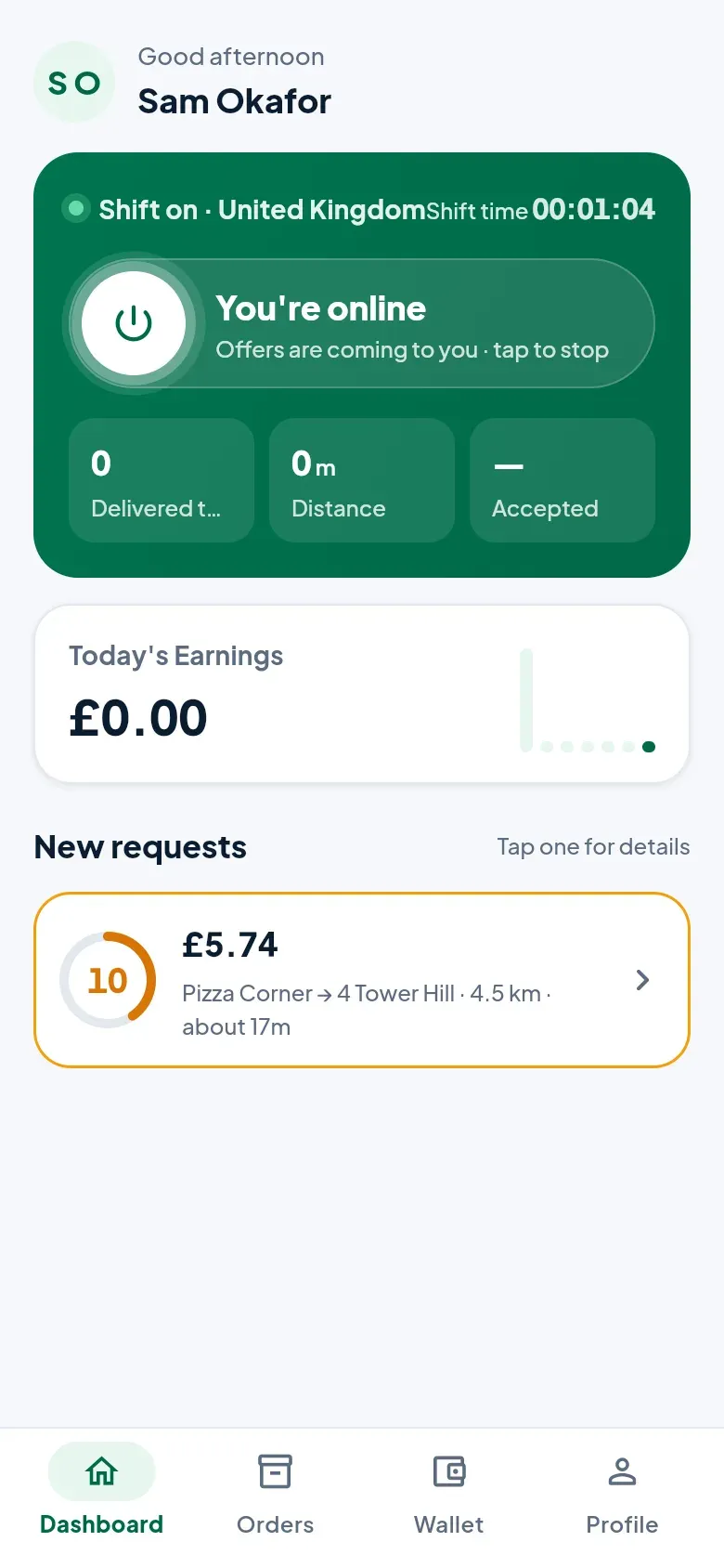 The dashboard while online, with one new request counting down.