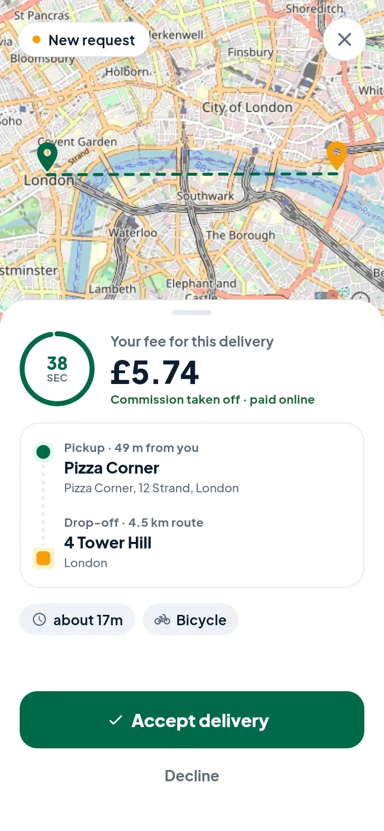 A new request: the route on a map, your fee of £5.74, a 38-second countdown, the pickup 49 m away and the drop-off 4.5 km along the route.