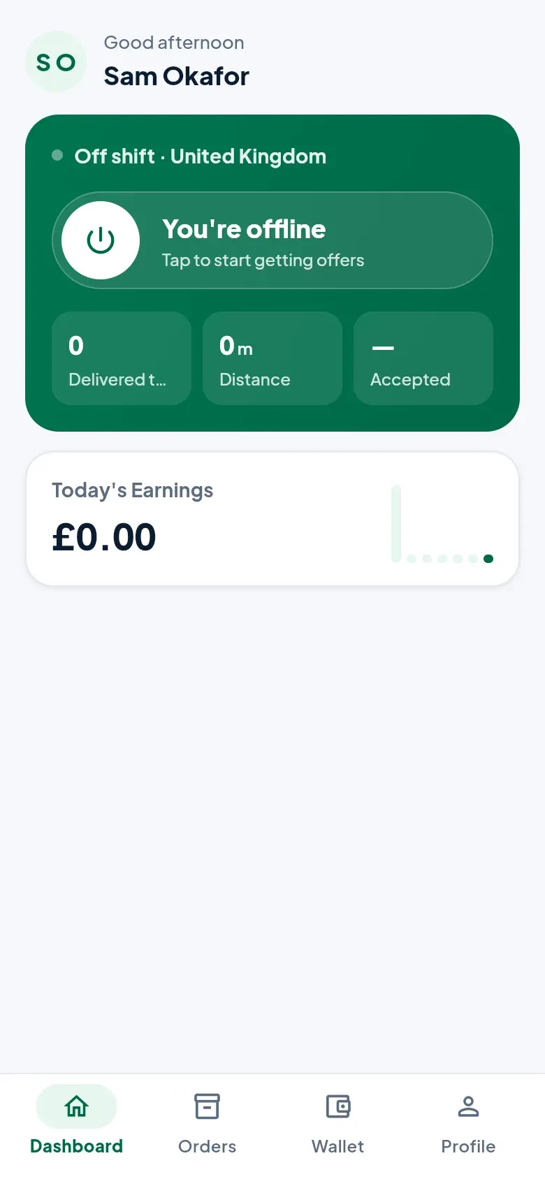 The dashboard while offline: tap to start getting offers.