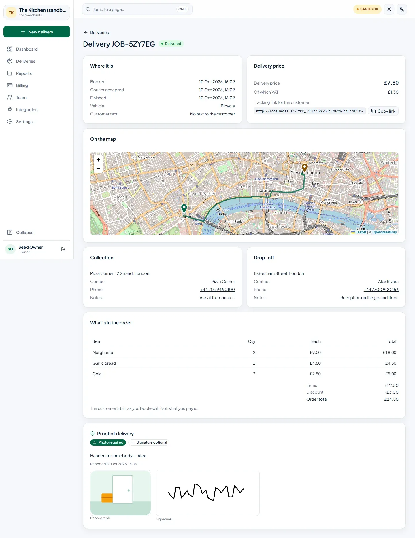 A delivered job’s page: times, the delivery price and VAT, the tracking link, the route on a map, both contacts, the items in the order, and the proof — a photograph and a signature.