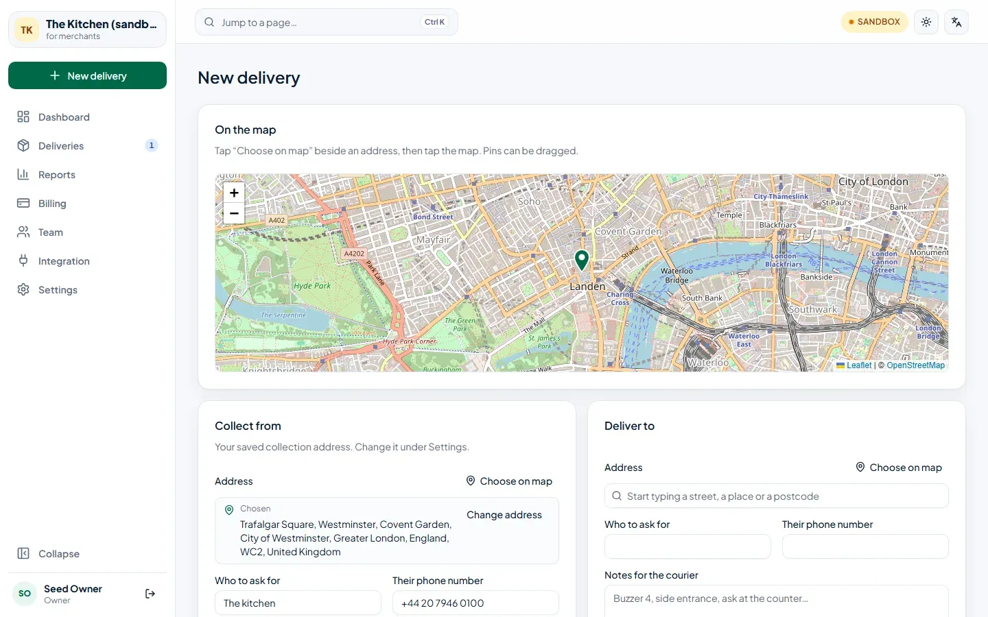 The new delivery form: a map of central London, the saved collection address on the left and an empty drop-off address on the right.