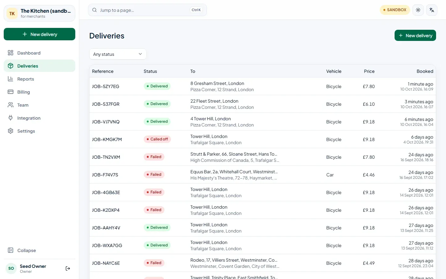 The deliveries list: references, statuses such as Delivered, Called off and Failed, the drop-off and collection addresses, vehicle, price and when each was booked.