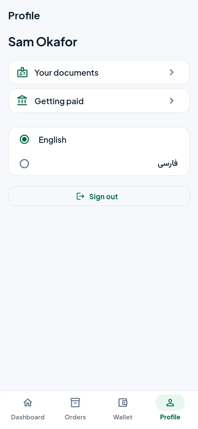Profile: your documents, getting paid, the language choice and sign out.
