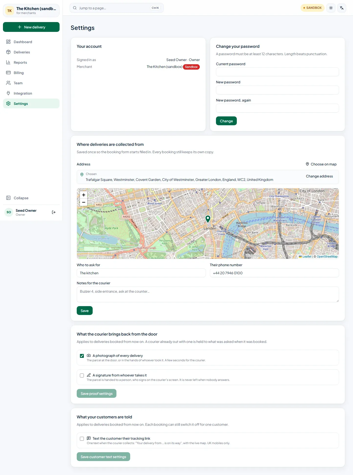 The settings page: your account, change your password, where deliveries are collected from, what the courier brings back from the door, and what your customers are told.