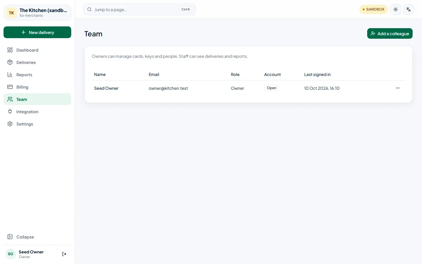 The team page with one owner listed, and an Add a colleague button.